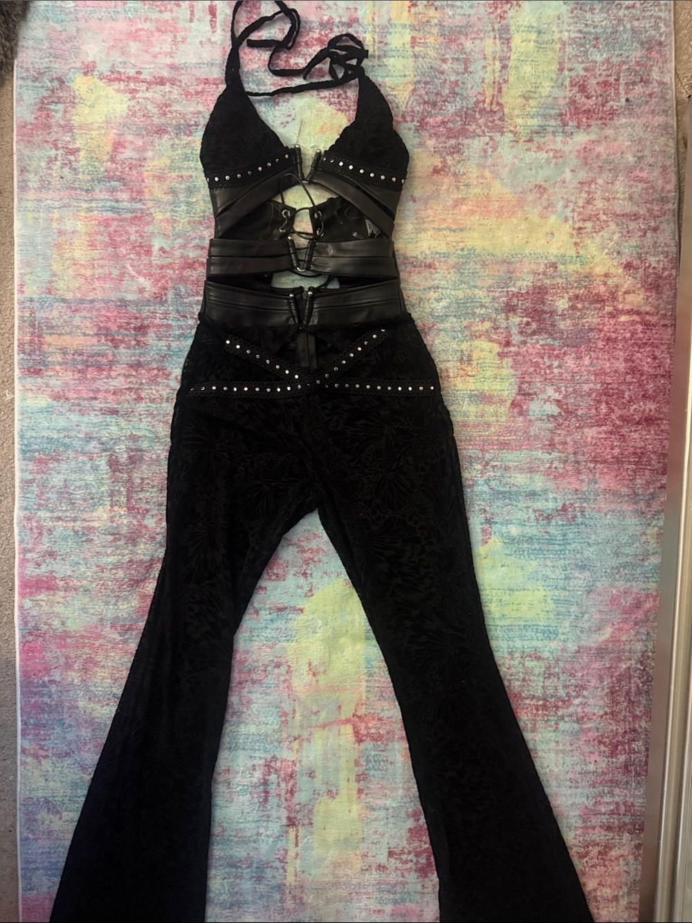 Fashion Nova Black Lace & Faux-Leather Halter Jumpsuit with Studs